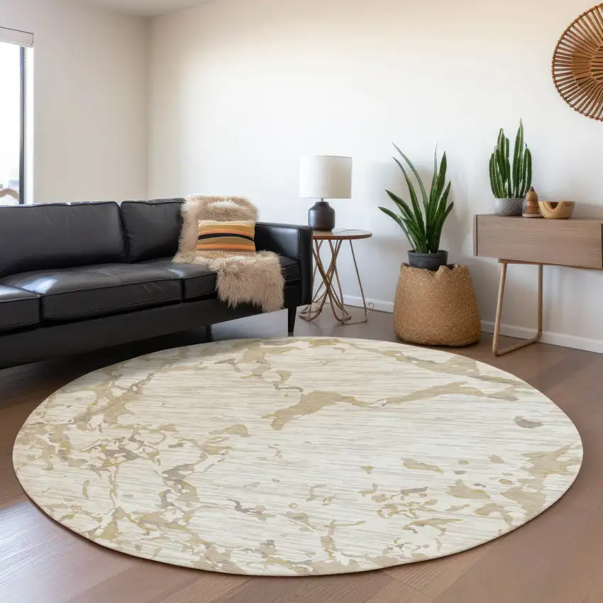 8' Ivory Beige And Taupe Striped Washable Round Rug With UV Protection Photo 4
