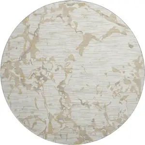 Photo of 8' Ivory Beige And Taupe Striped Washable Round Rug With UV Protection