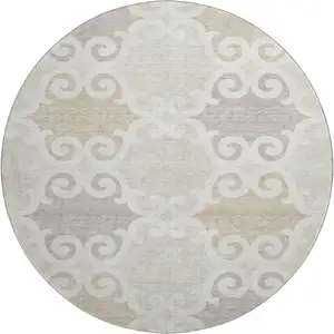 Photo of 8' Ivory Beige And Taupe Trellis Washable Round Rug With UV Protection