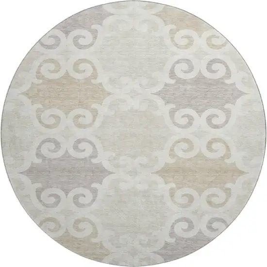 8' Ivory Beige And Taupe Trellis Washable Round Rug With UV Protection Photo 1