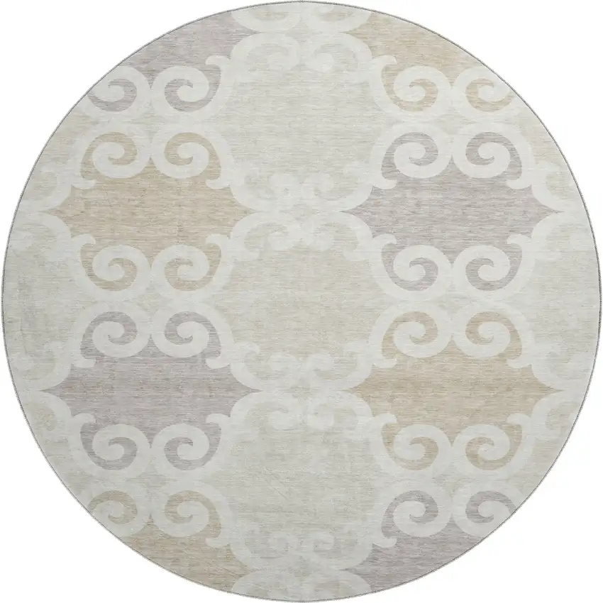 8' Ivory Beige And Taupe Trellis Washable Round Rug With UV Protection Photo 1