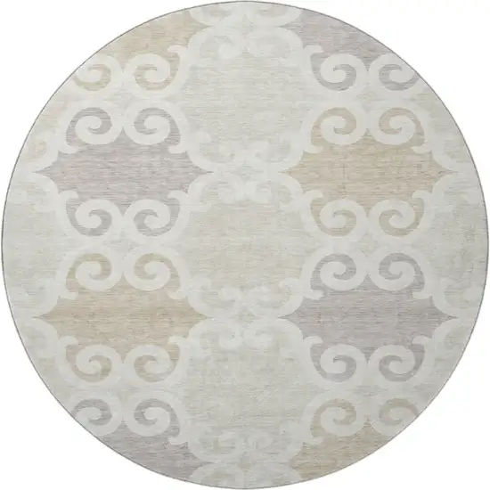 8' Ivory Beige And Taupe Trellis Washable Round Rug With UV Protection Photo 4