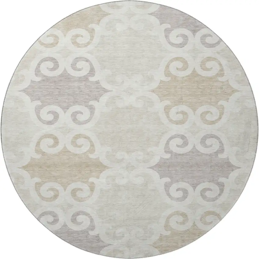 8' Ivory Beige And Taupe Trellis Washable Round Rug With UV Protection Photo 4