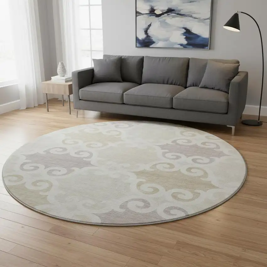 8' Ivory Beige And Taupe Trellis Washable Round Rug With UV Protection Photo 2