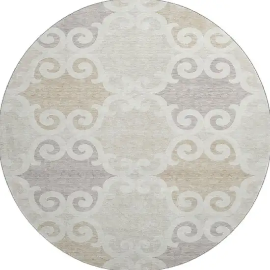8' Ivory Beige And Taupe Trellis Washable Round Rug With UV Protection Photo 3
