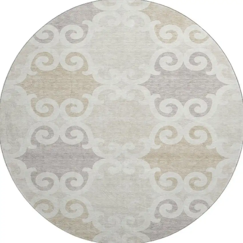 8' Ivory Beige And Taupe Trellis Washable Round Rug With UV Protection Photo 3