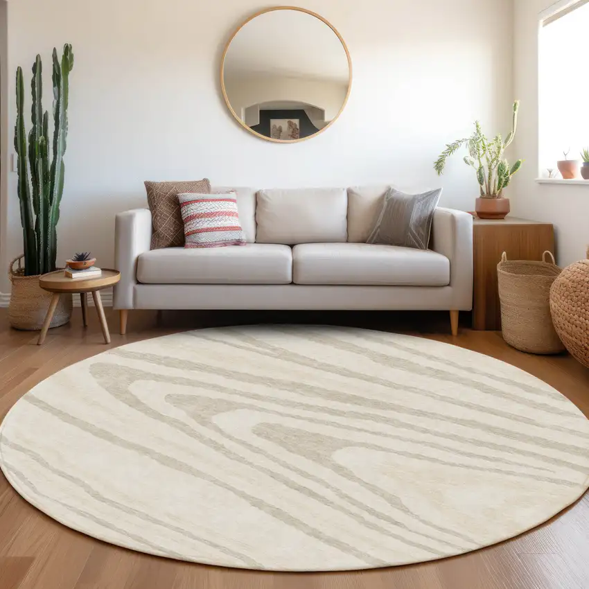 8' Ivory Beige And Taupe Woodland Lodge Washable Round Rug With UV Protection Photo 4