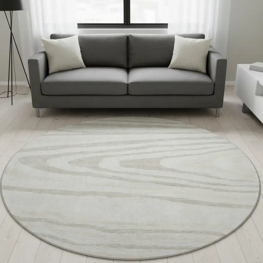 8' Ivory Beige And Taupe Woodland Lodge Washable Round Rug With UV Protection Photo 2