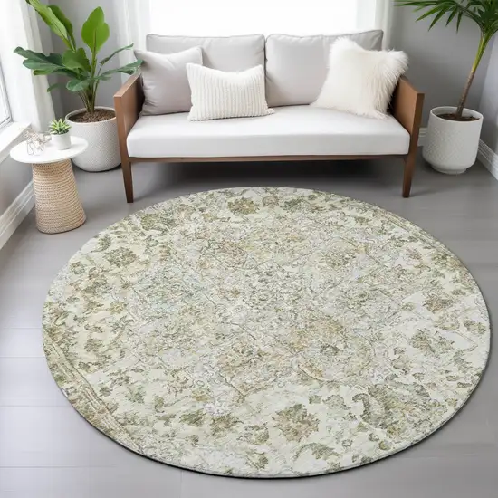 8' Ivory Beige And Wheat Round Floral Medallion Washable Indoor Outdoor Area Rug Photo 7