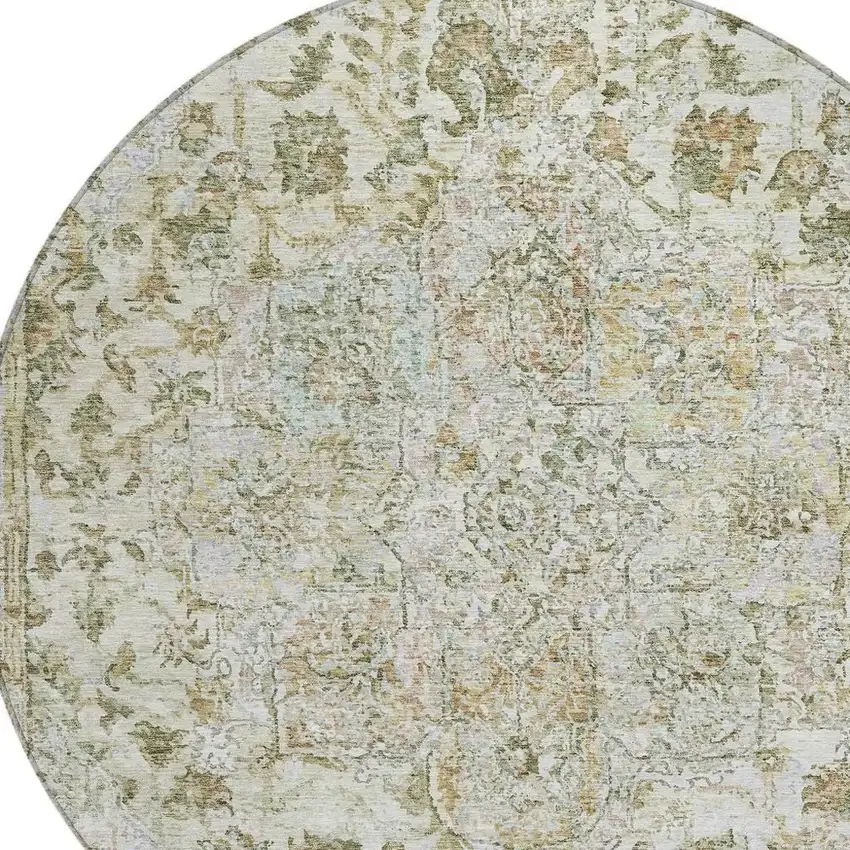 8' Ivory Beige And Wheat Round Floral Medallion Washable Indoor Outdoor Area Rug Photo 5