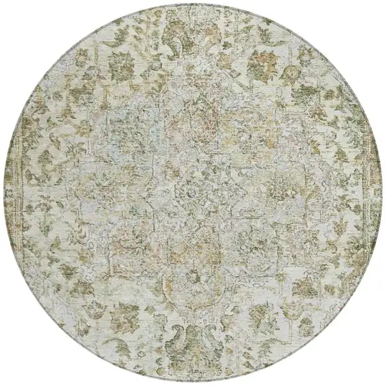 8' Ivory Beige And Wheat Round Floral Medallion Washable Indoor Outdoor Area Rug Photo 3