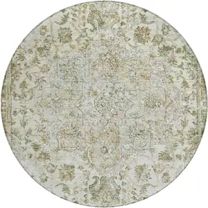 Photo of 8' Ivory Beige And Wheat Round Floral Medallion Washable Indoor Outdoor Area Rug