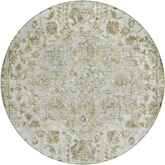 8' Ivory Beige And Wheat Round Floral Medallion Washable Indoor Outdoor Area Rug Photo 1