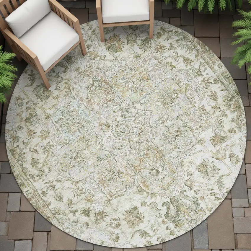 8' Ivory Beige And Wheat Round Floral Medallion Washable Indoor Outdoor Area Rug Photo 6
