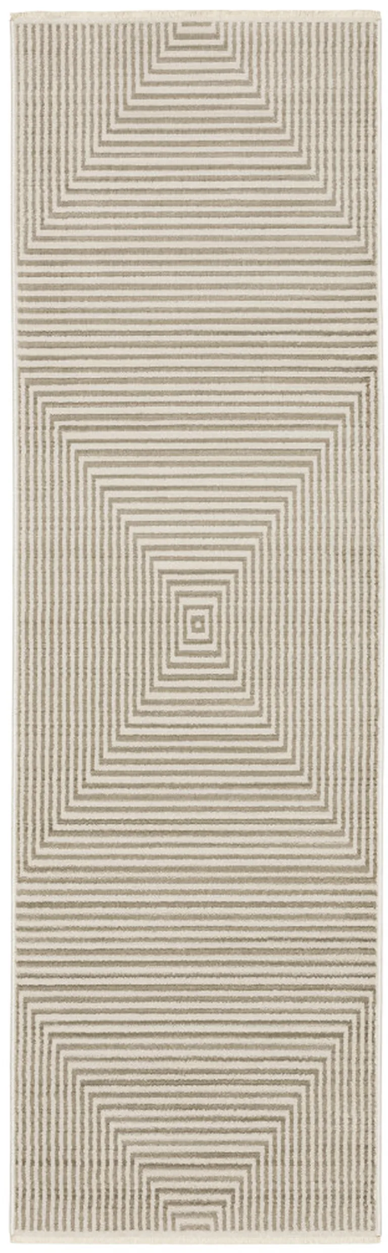 8' Ivory Beige Taupe And Tan Geometric Power Loom Runner Rug With Fringe Photo 1