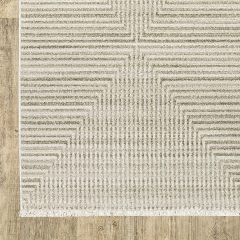 8' Ivory Beige Taupe And Tan Geometric Power Loom Runner Rug With Fringe Photo 3