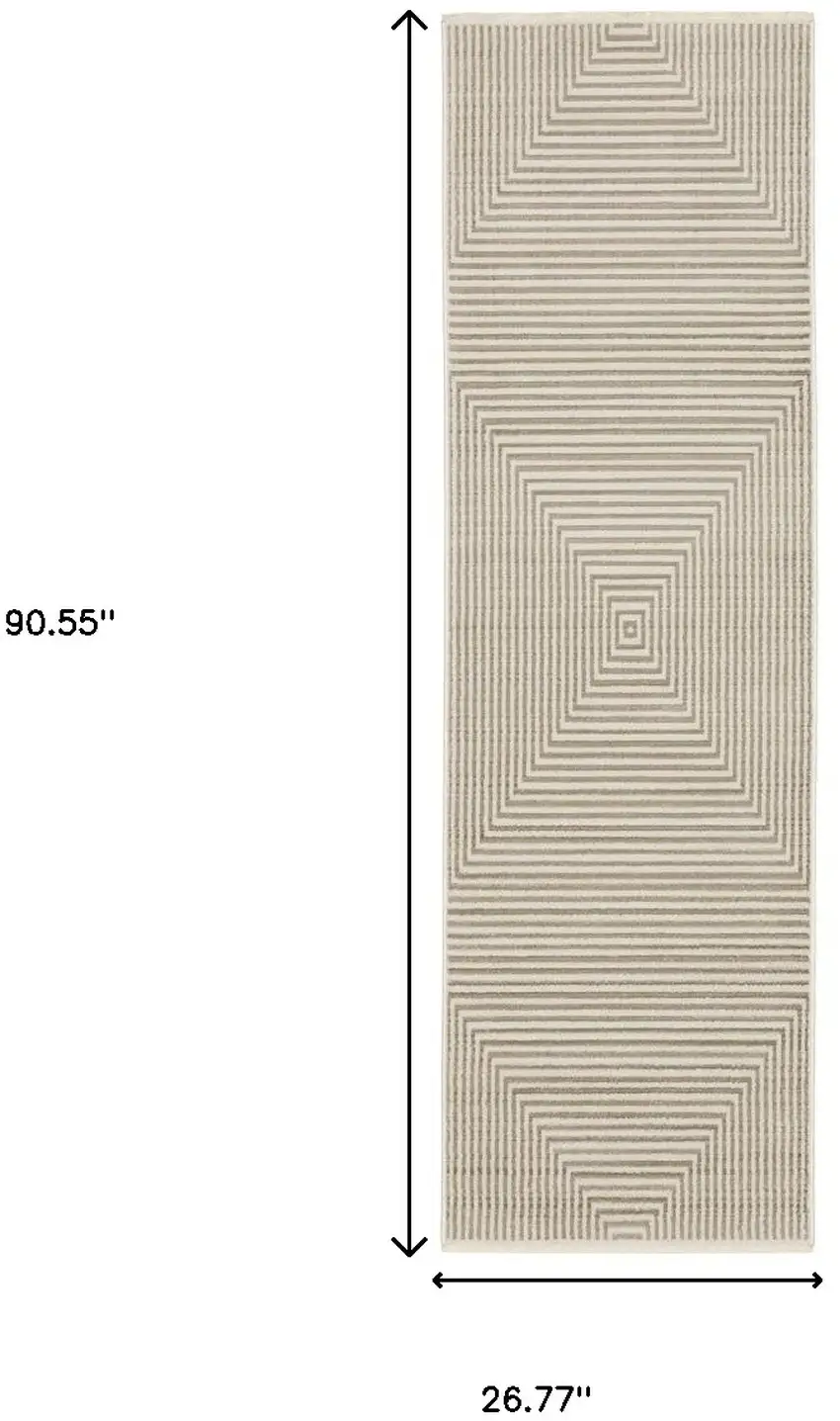 8' Ivory Beige Taupe And Tan Geometric Power Loom Runner Rug With Fringe Photo 8