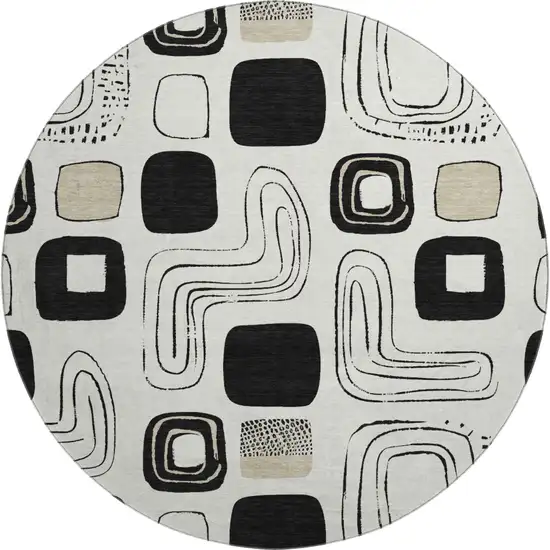 8' Ivory Black And Beige Geometric Washable Round Rug With UV Protection Photo 1
