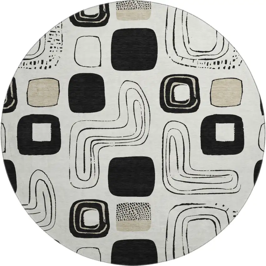 8' Ivory Black And Beige Geometric Washable Round Rug With UV Protection Photo 1
