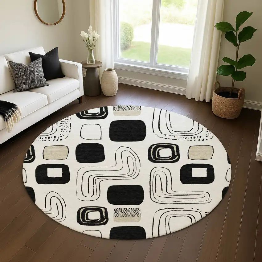 8' Ivory Black And Beige Geometric Washable Round Rug With UV Protection Photo 3