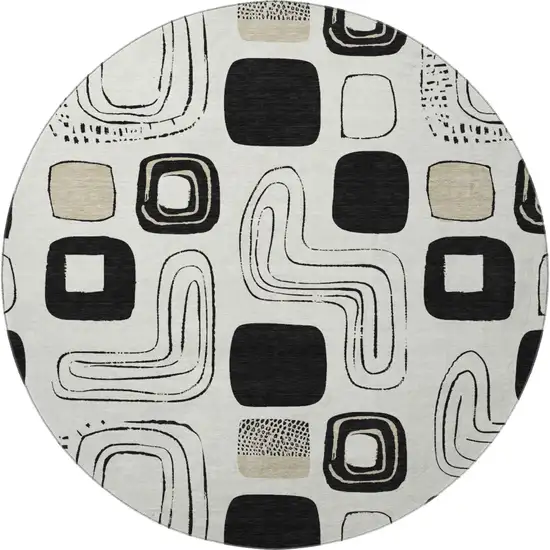 8' Ivory Black And Beige Geometric Washable Round Rug With UV Protection Photo 2