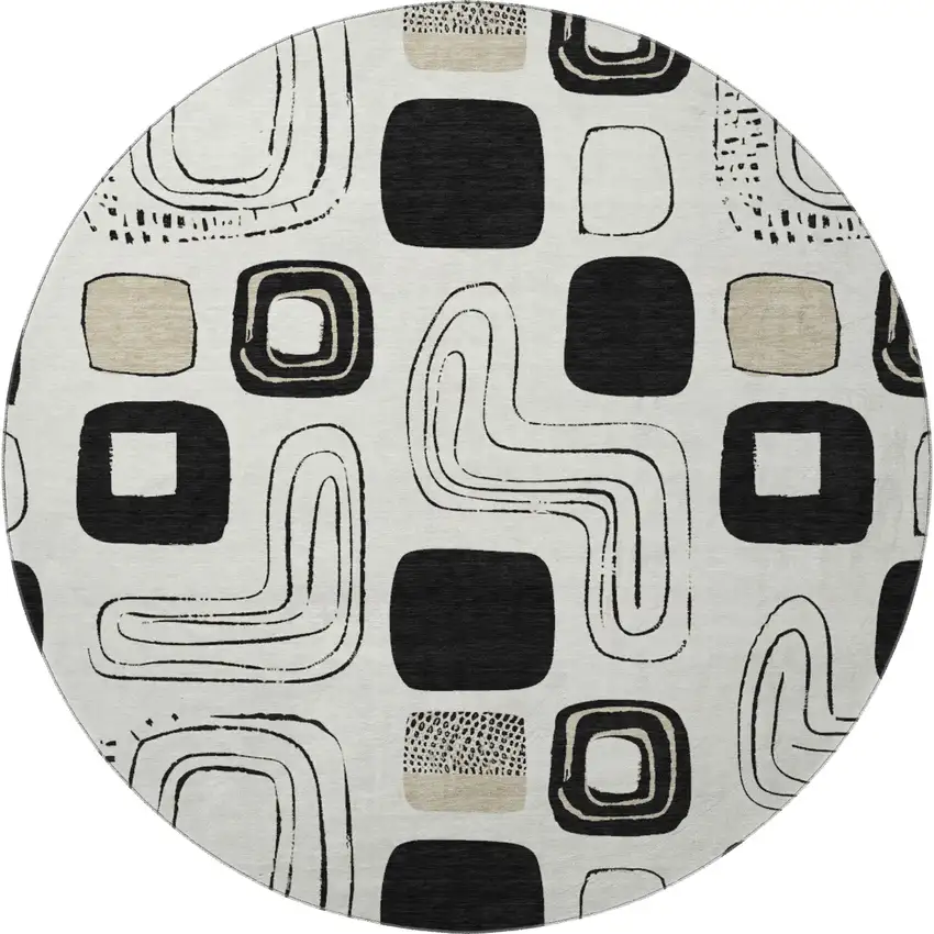8' Ivory Black And Beige Geometric Washable Round Rug With UV Protection Photo 2