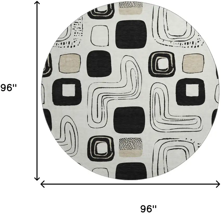8' Ivory Black And Beige Geometric Washable Round Rug With UV Protection Photo 8