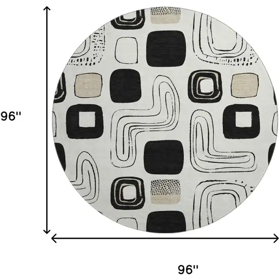 8' Ivory Black And Beige Geometric Washable Round Rug With UV Protection Photo 8