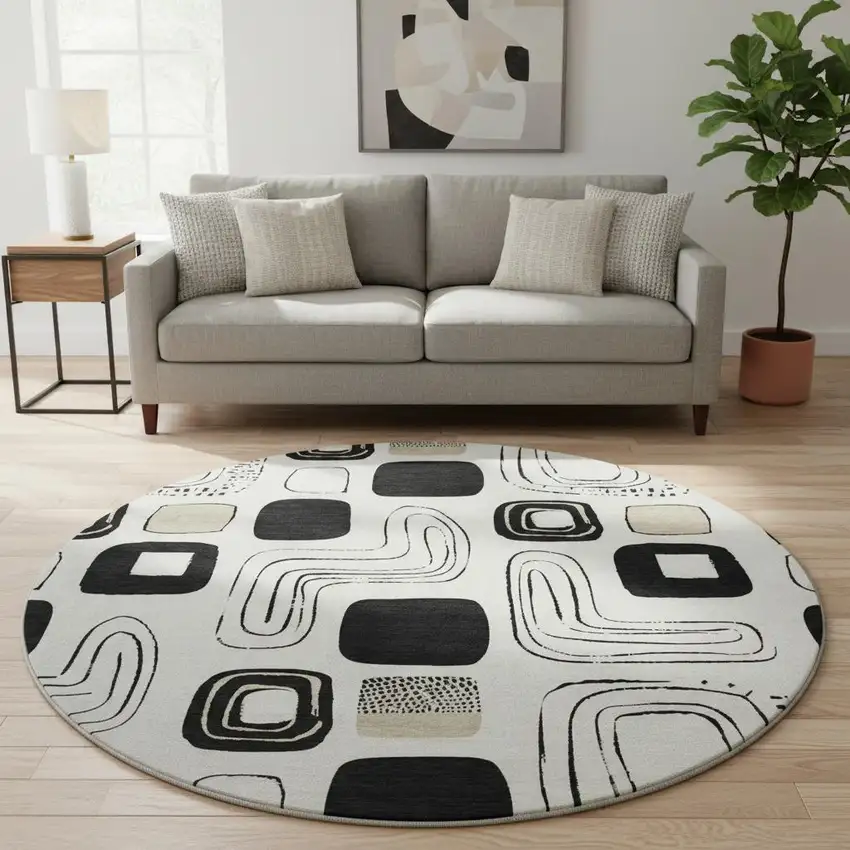 8' Ivory Black And Beige Geometric Washable Round Rug With UV Protection Photo 2