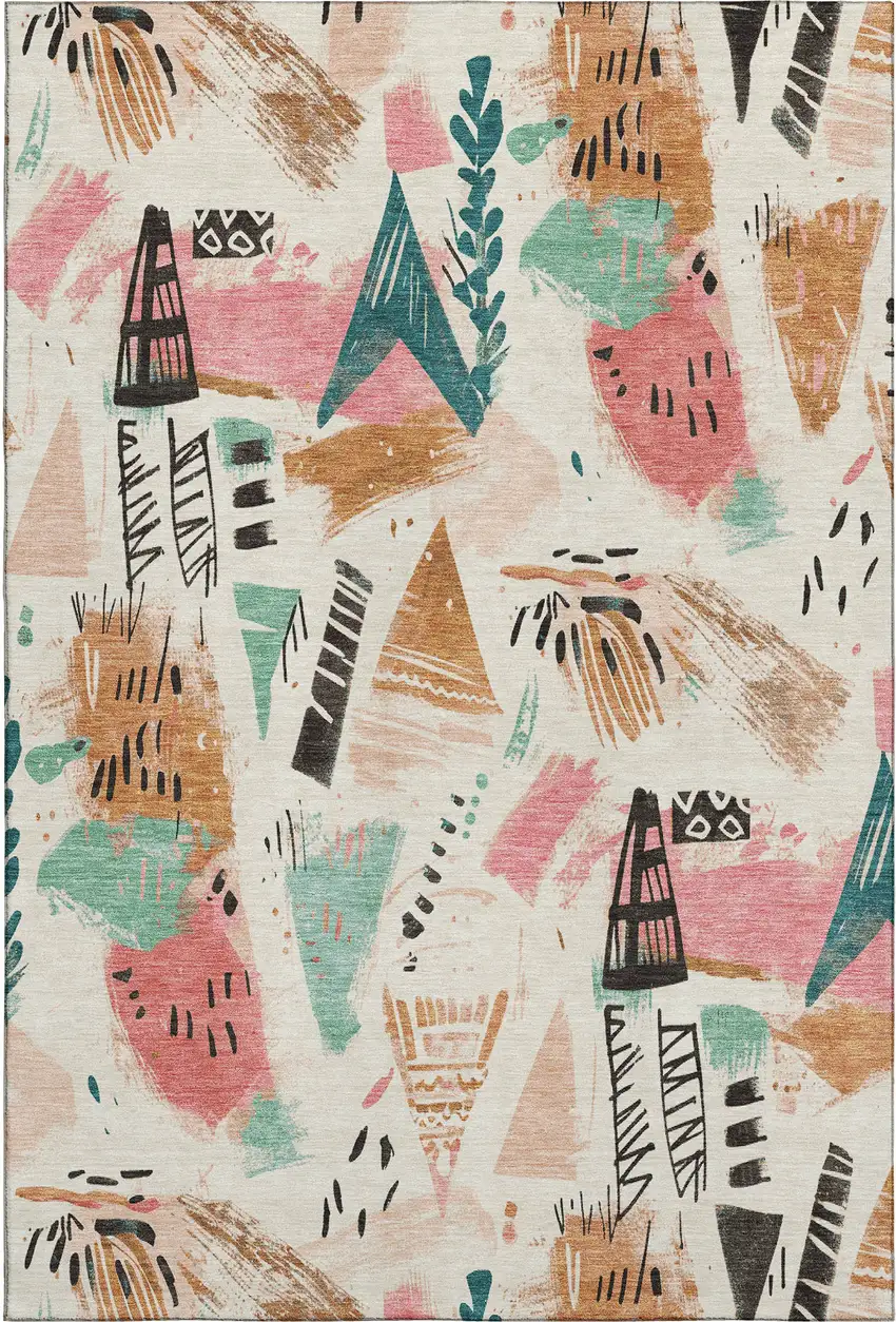 8' Ivory Black And Blush Geometric Washable Area Rug With UV Protection Photo 1