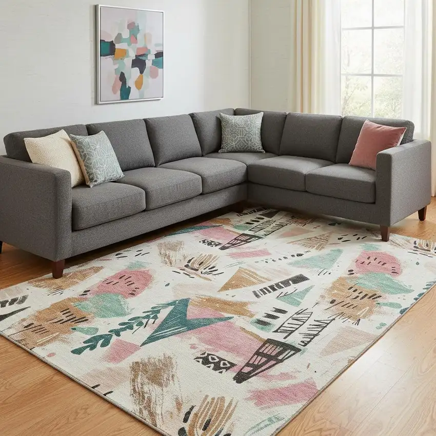 8' Ivory Black And Blush Geometric Washable Area Rug With UV Protection Photo 2