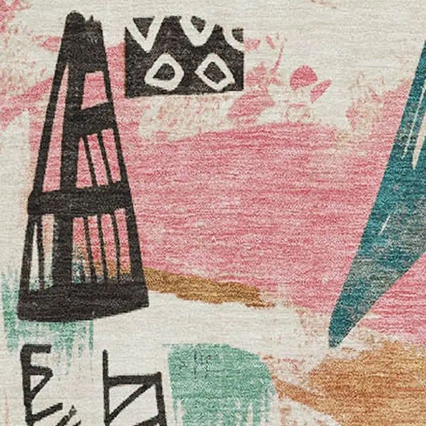 8' Ivory Black And Blush Geometric Washable Area Rug With UV Protection Photo 3