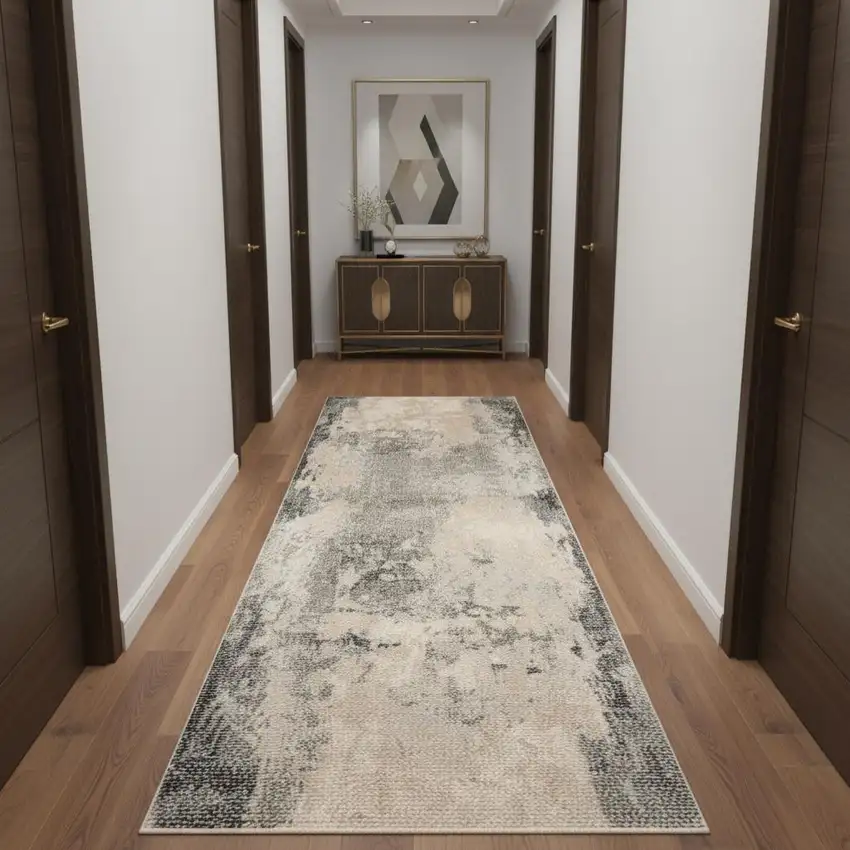 10' Ivory Black And Gray Abstract Non Skid Runner Rug Photo 1