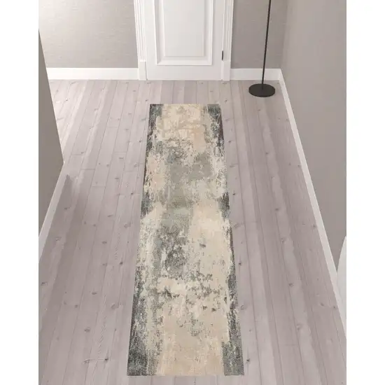10' Ivory Black And Gray Abstract Non Skid Runner Rug Photo 1