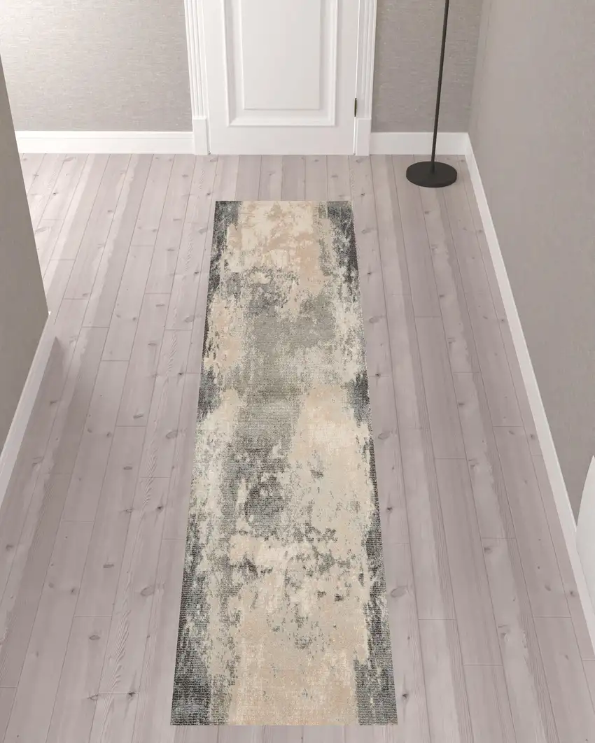 10' Ivory Black And Gray Abstract Non Skid Runner Rug Photo 1