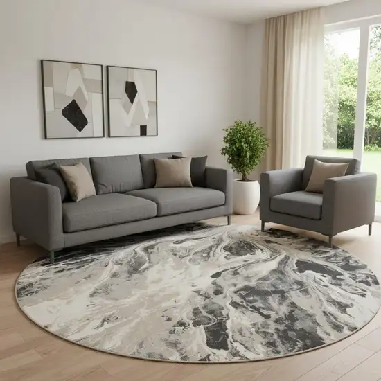 8' Ivory Black And Gray Abstract Round Rug Photo 1