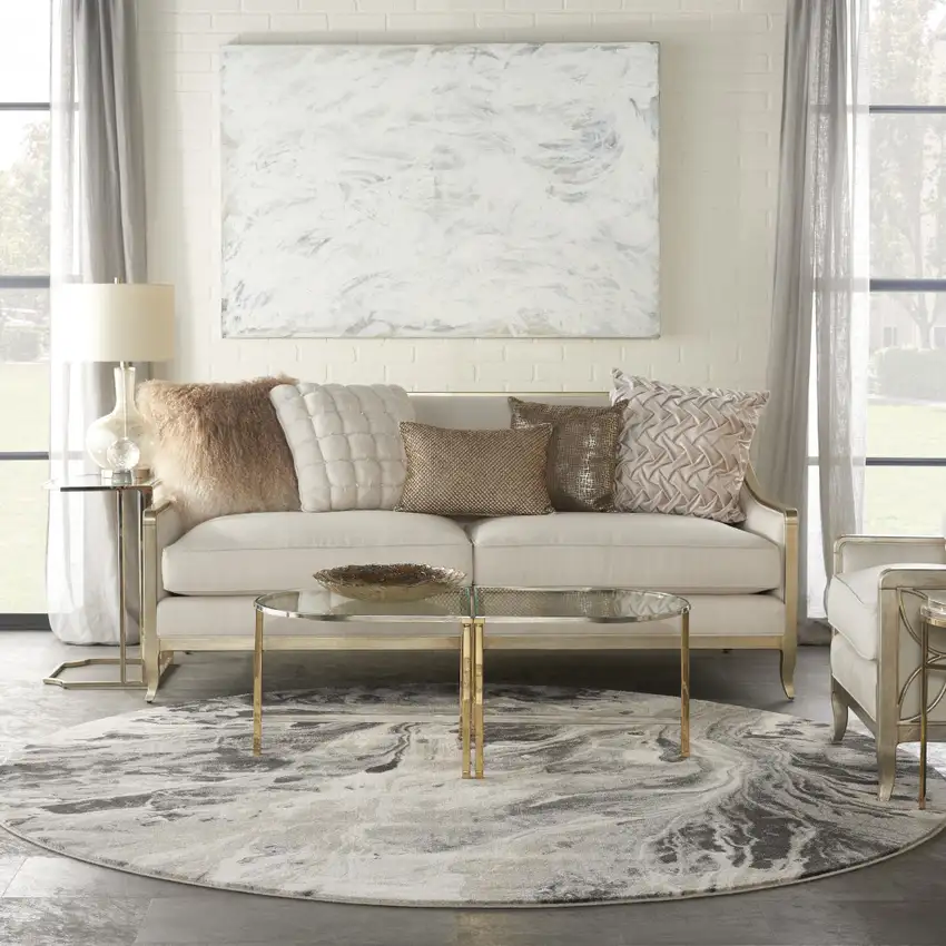 8' Ivory Black And Gray Abstract Round Rug Photo 5