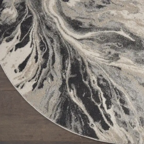 8' Ivory Black And Gray Abstract Round Rug Photo 9