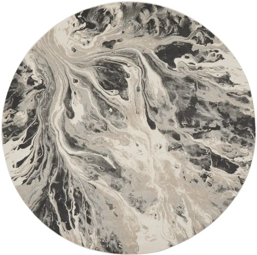 8' Ivory Black And Gray Abstract Round Rug Photo 2