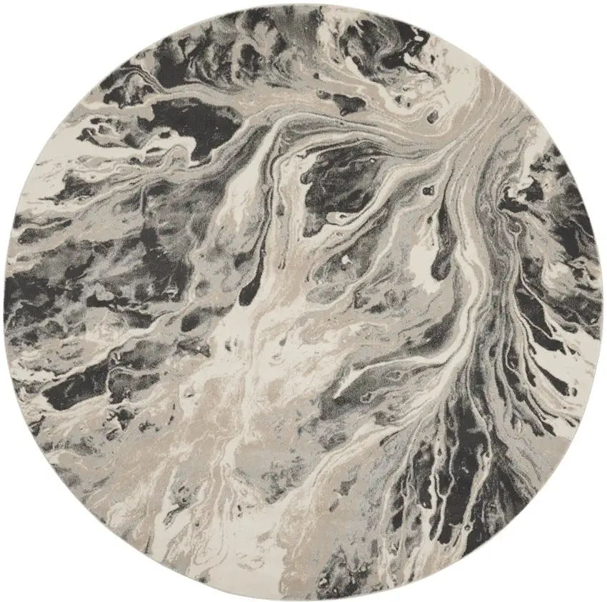 8' Ivory Black And Gray Abstract Round Rug Photo 4