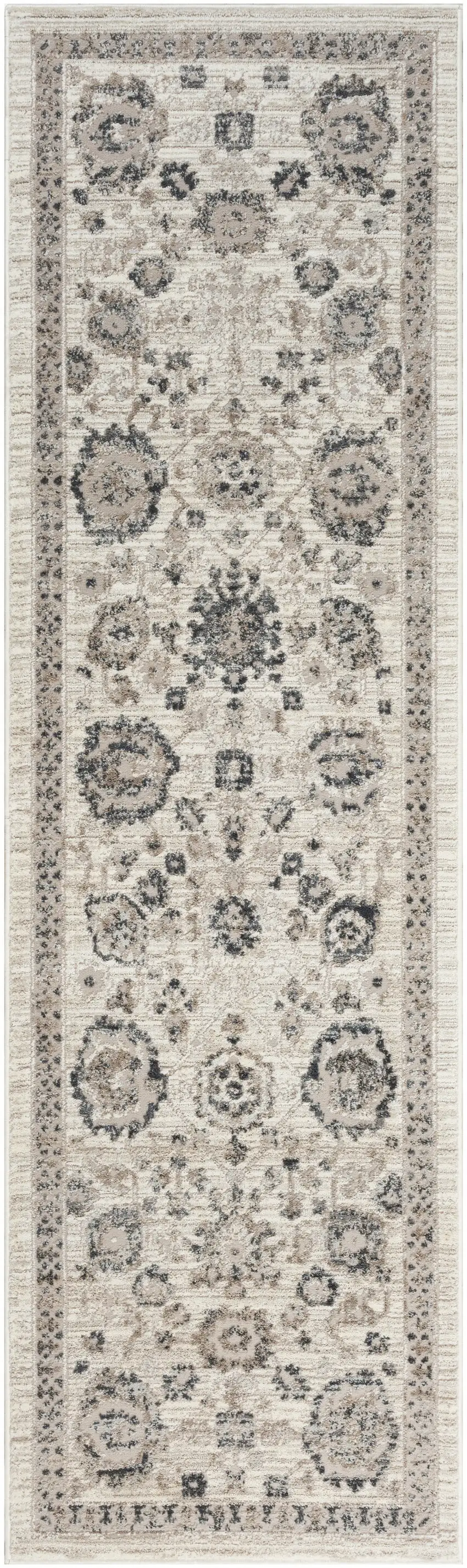 8' Ivory Black And Gray Floral Distressed Non Skid Runner Rug Photo 2
