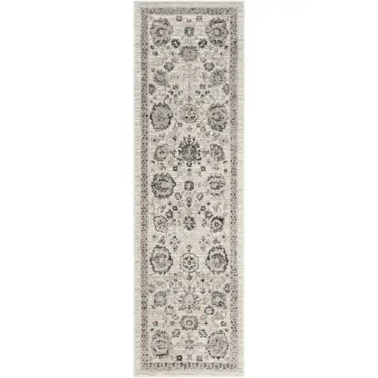 8' Ivory Black And Gray Floral Distressed Non Skid Runner Rug Photo 2