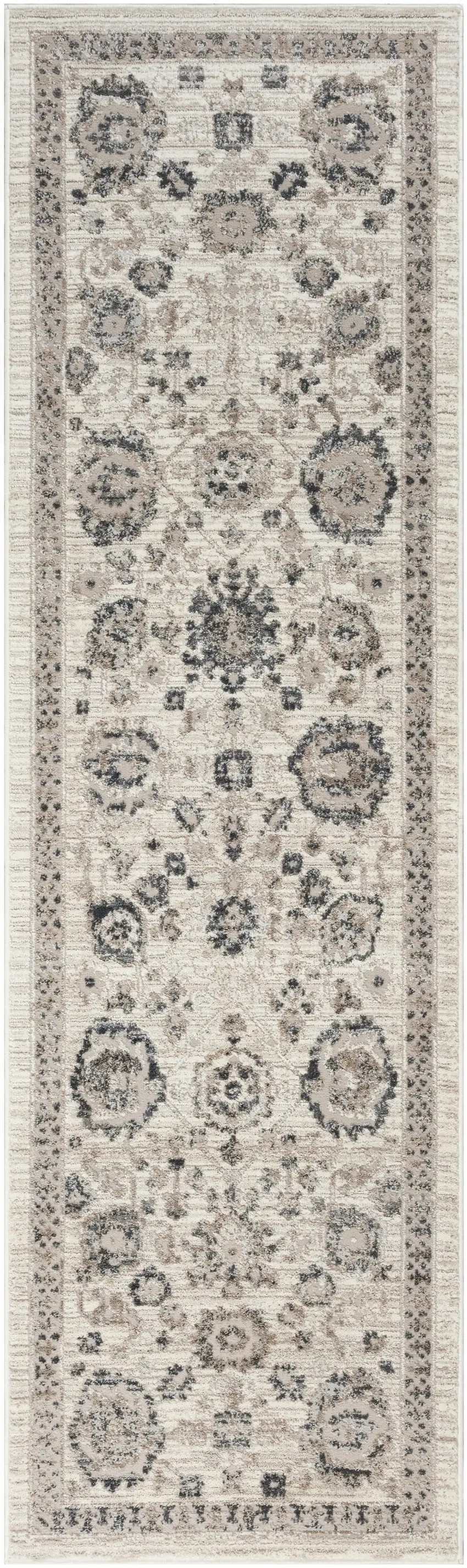 8' Ivory Black And Gray Floral Distressed Non Skid Runner Rug Photo 9
