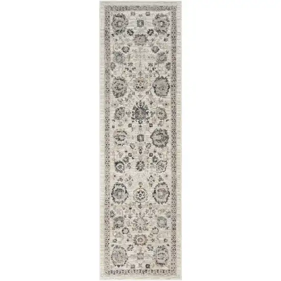 8' Ivory Black And Gray Floral Distressed Non Skid Runner Rug Photo 9