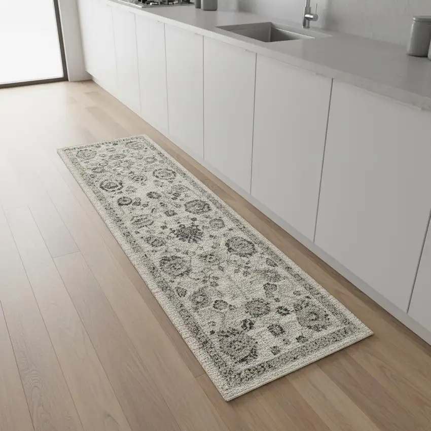 8' Ivory Black And Gray Floral Distressed Non Skid Runner Rug Photo 1