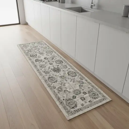 8' Ivory Black And Gray Floral Distressed Non Skid Runner Rug Photo 1