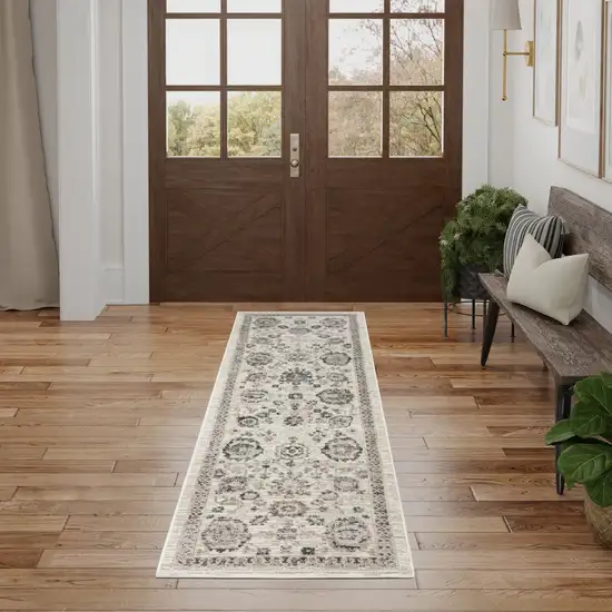 8' Ivory Black And Gray Floral Distressed Non Skid Runner Rug Photo 4