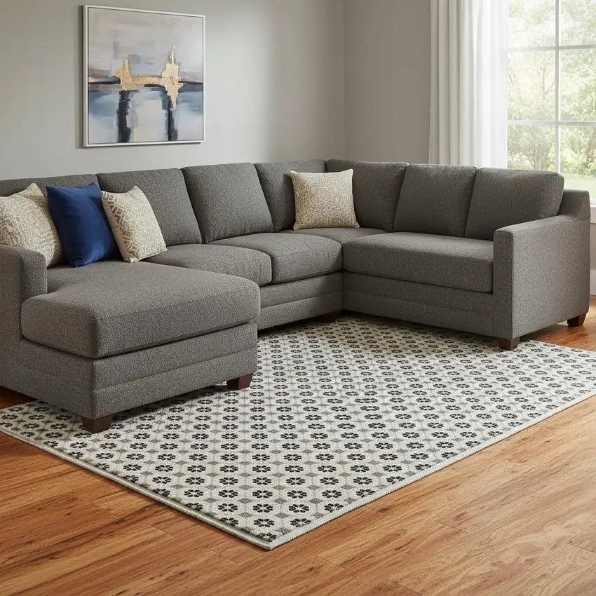 8' Ivory Black And Gray Geometric Washable Area Rug With UV Protection Photo 2