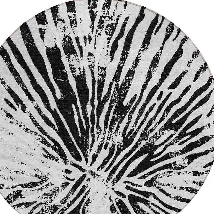 8' Ivory Black And Gray Round Abstract Washable Indoor Outdoor Area Rug Photo 5