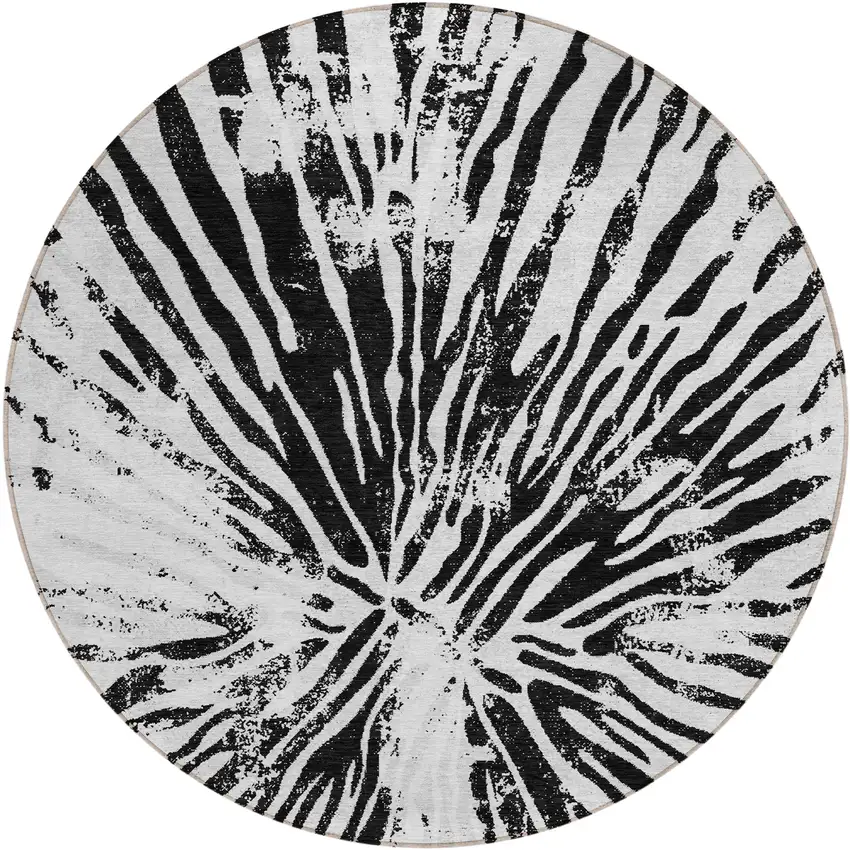 8' Ivory Black And Gray Round Abstract Washable Indoor Outdoor Area Rug Photo 2